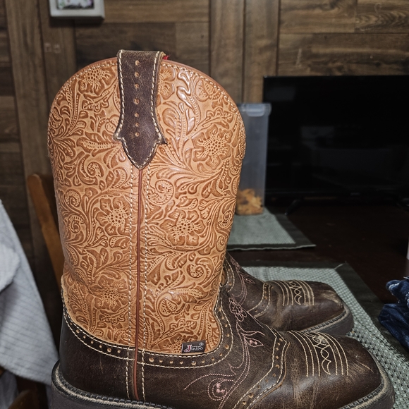 Justin Boots Shoes - Justin Boots Two-Tone Embossed Tan Shaft with Dark Brown Foot Heeled Boots